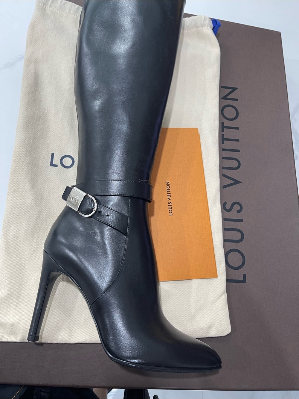 Louis Vuitton Black Leather Knee-High Stiletto Boots with Silver Buckle